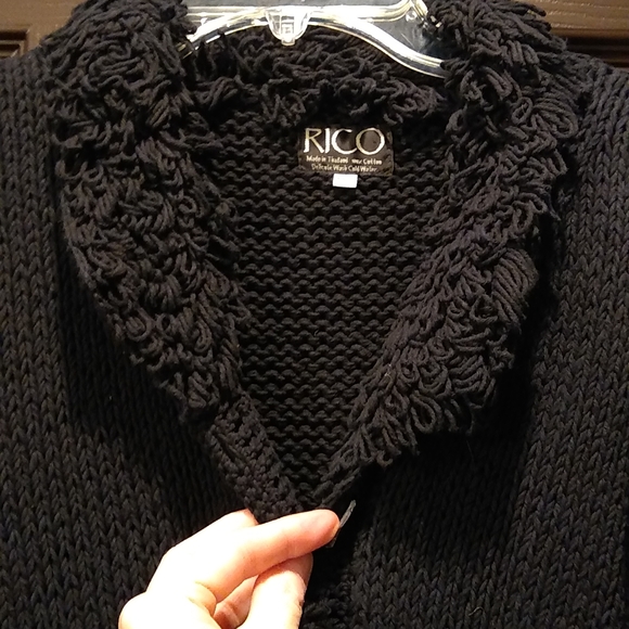 Black Sweater Hand Made knit loop fringe button-down cardigan, L - Picture 10 of 10